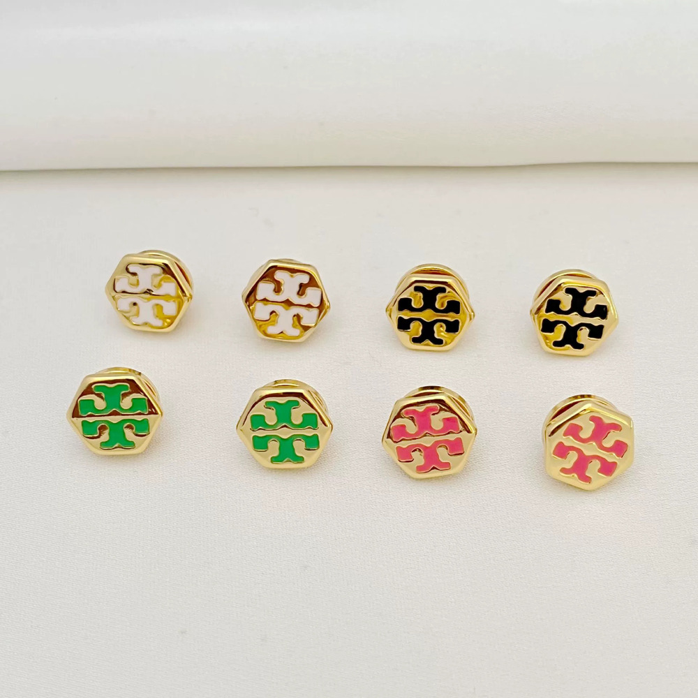 Tory Burch Double Enamel Inlay Mini Stud Earrings Gold Plated Copper